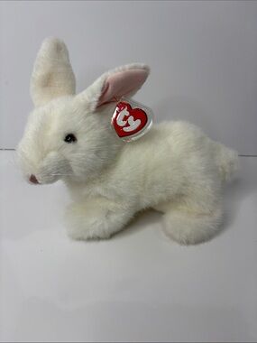Vintage Ty 1997 Bows White Bunny Rabbit Pink Ears Plush Stuffed Animal with Tag